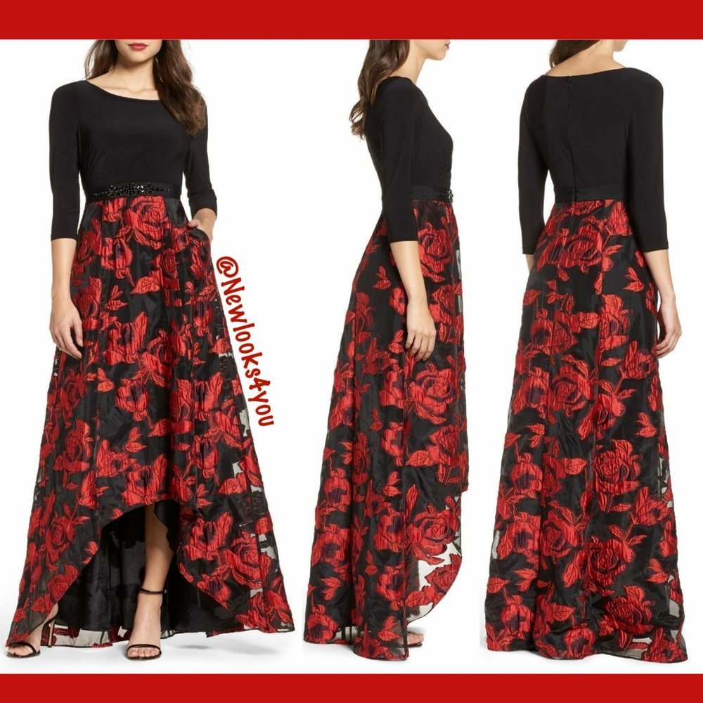 NEW Adrianna Papell Rose Organza High‎ Low Maxi Dress in Black/Red [SZ 2 ]